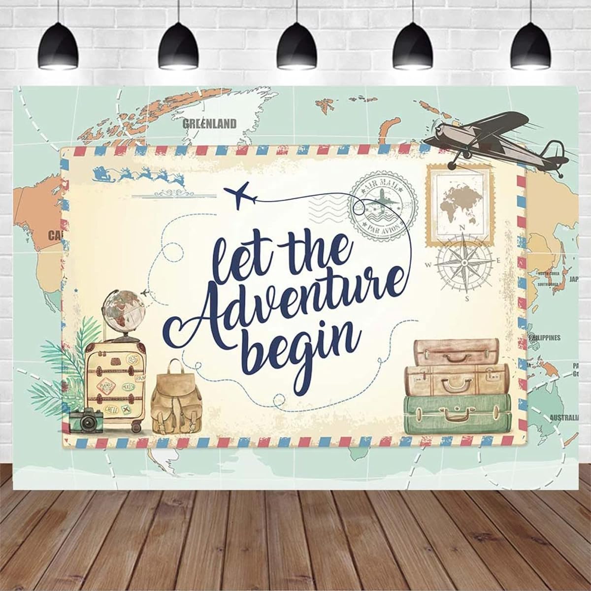 Let The Adventure Begin Photography Backdrop Awaiting the Adventure Baby Shower Birthday Party Decorations 1st Birthday Newborn Welcome Party Photo Background Map Airplane Stamp Decor 7x5ft