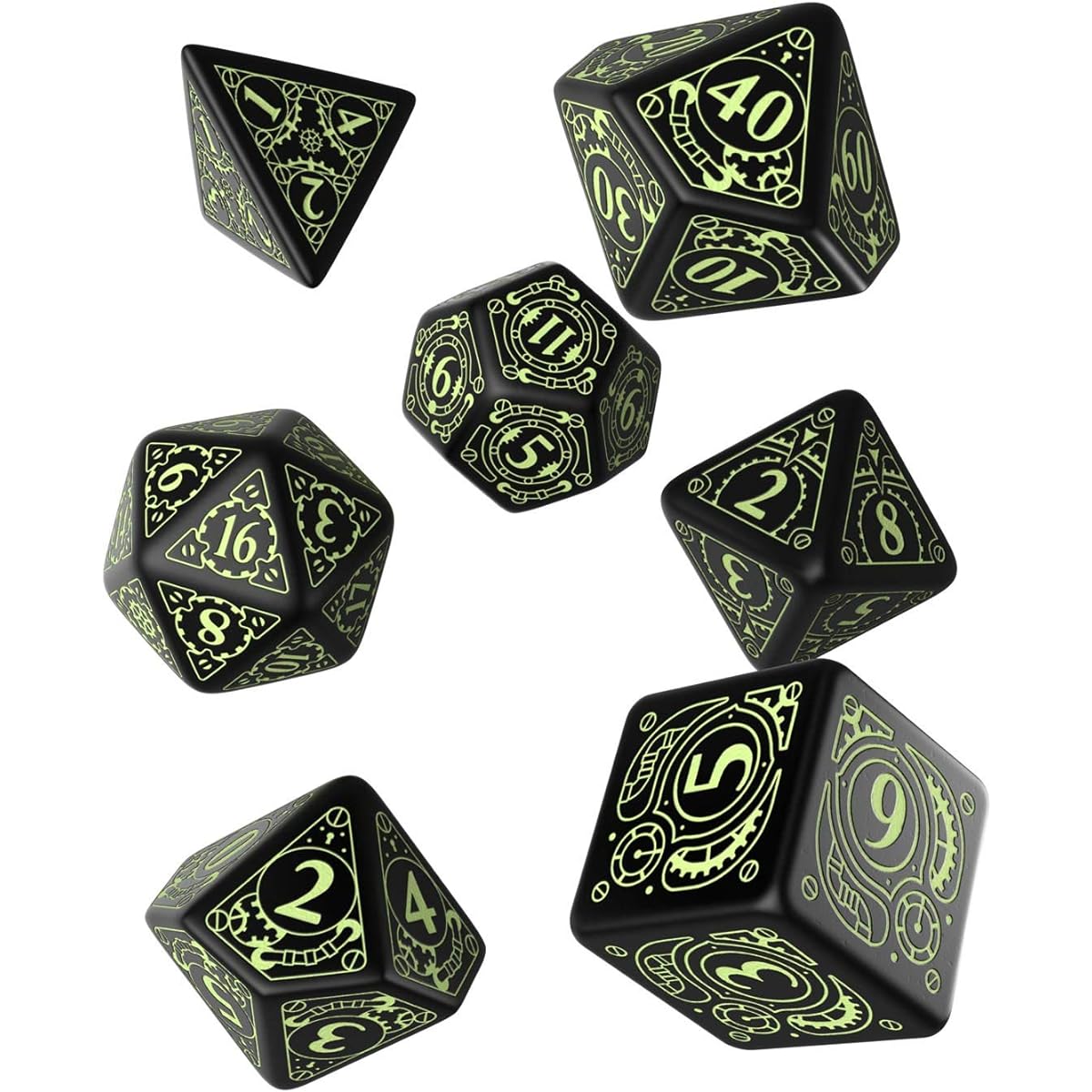 Black-glow in the dark Steampunk Dice set