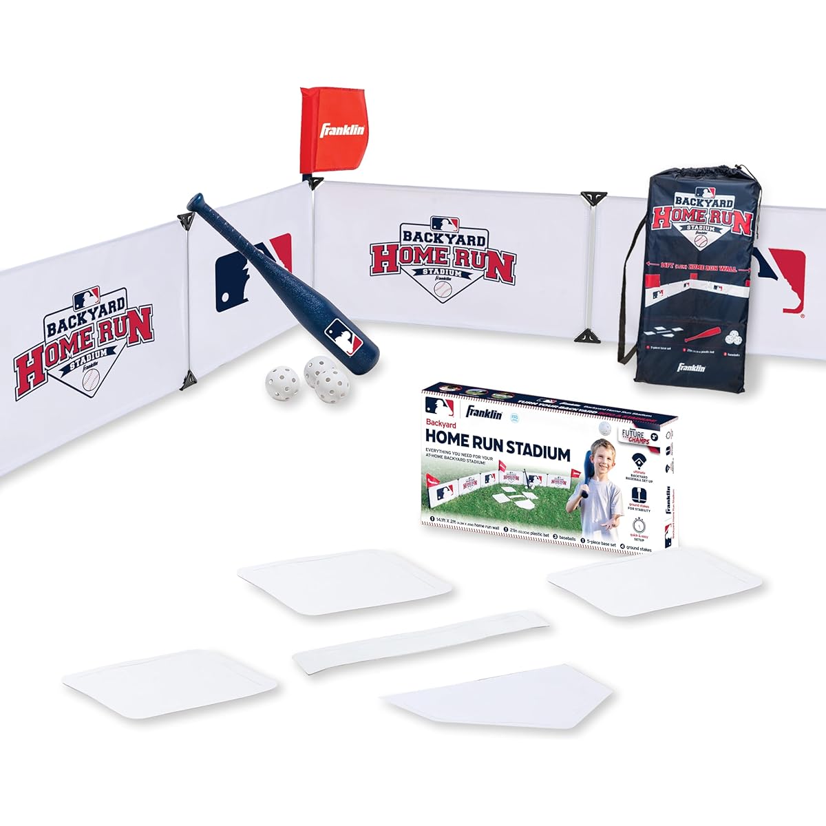 Franklin Sports MLB Kids Backyard Baseball Stadium - Kids Plastic Baseball Set, Home Run Wall, Plastic Baseball Bat, Plastic Baseball Ball + Throwdown Base - 14' Fence for Backyard Diamond