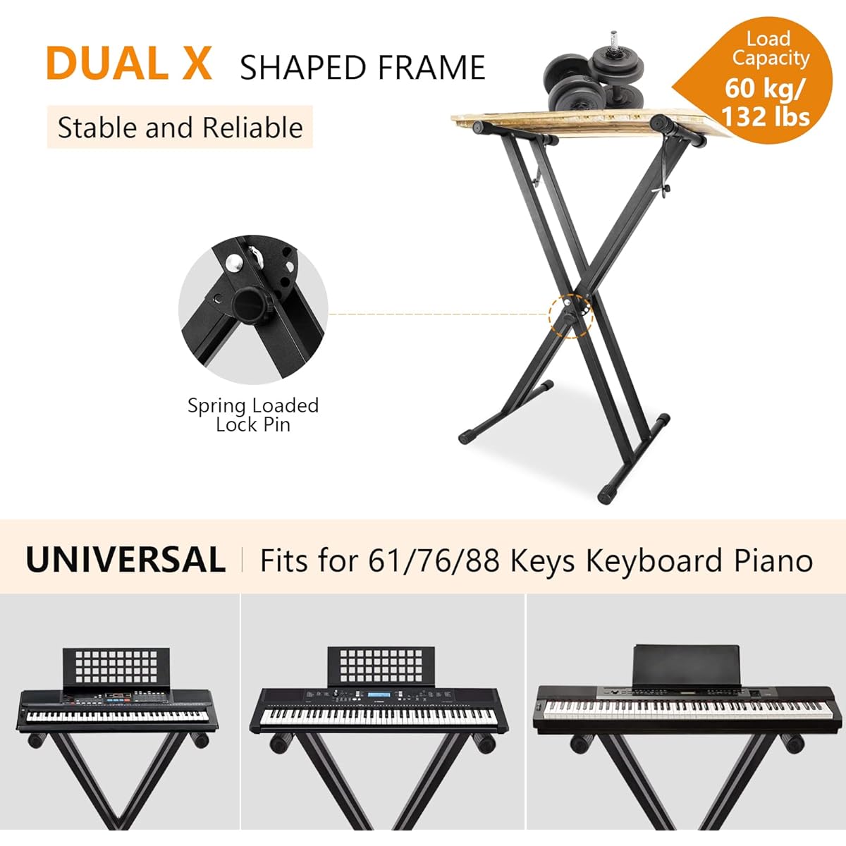 LETSROCK Adjustable Keyboard Stand Heavy Duty Double X Piano Stand with Lock Strap for 61 76 88 Keys