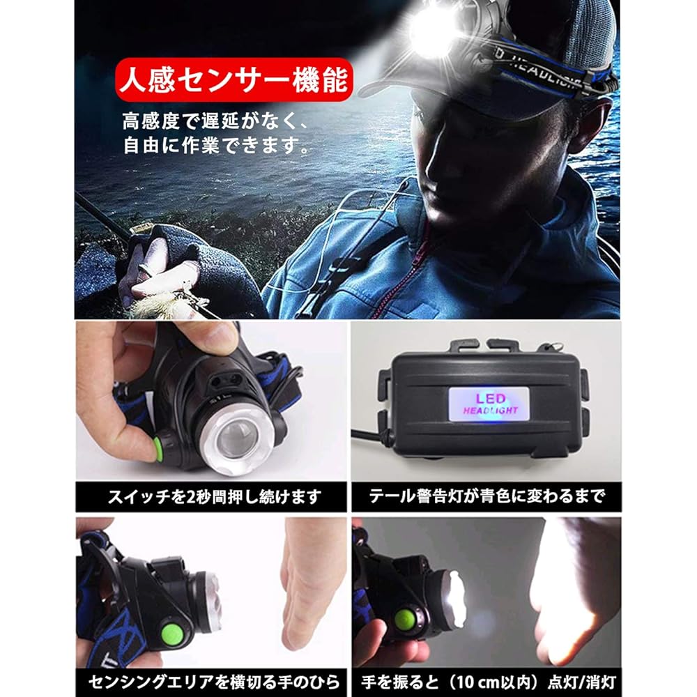 LED Headlight, USB Rechargeable, High Brightness, Headlamp, High Brightness, CREE L2, 1,800 Lumens, Motion Sensor, Headlight, Helmet Light, IPX6 Waterproof, Zoom Function, 120° Adjustable Angle,