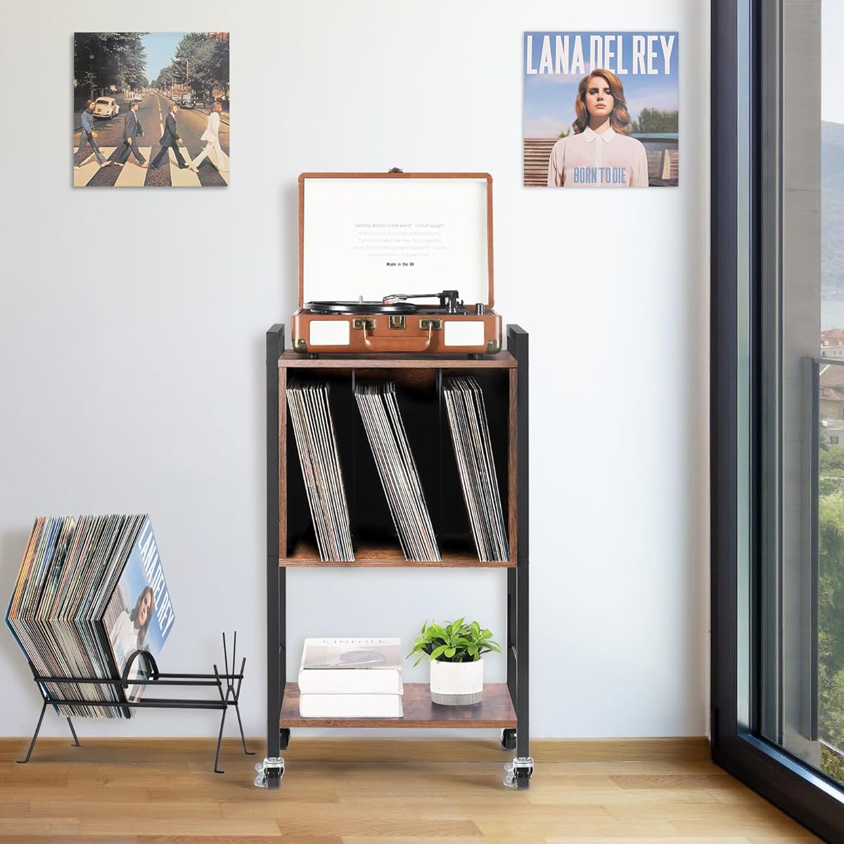 Record Player Stand 3 Tier Record Player Cabinet Metal Frame Industrial Retro Record Player Table Turntable Stand with Wheels Vinyl Record Storage Holder Holds Up to 100 LPs for Living Room