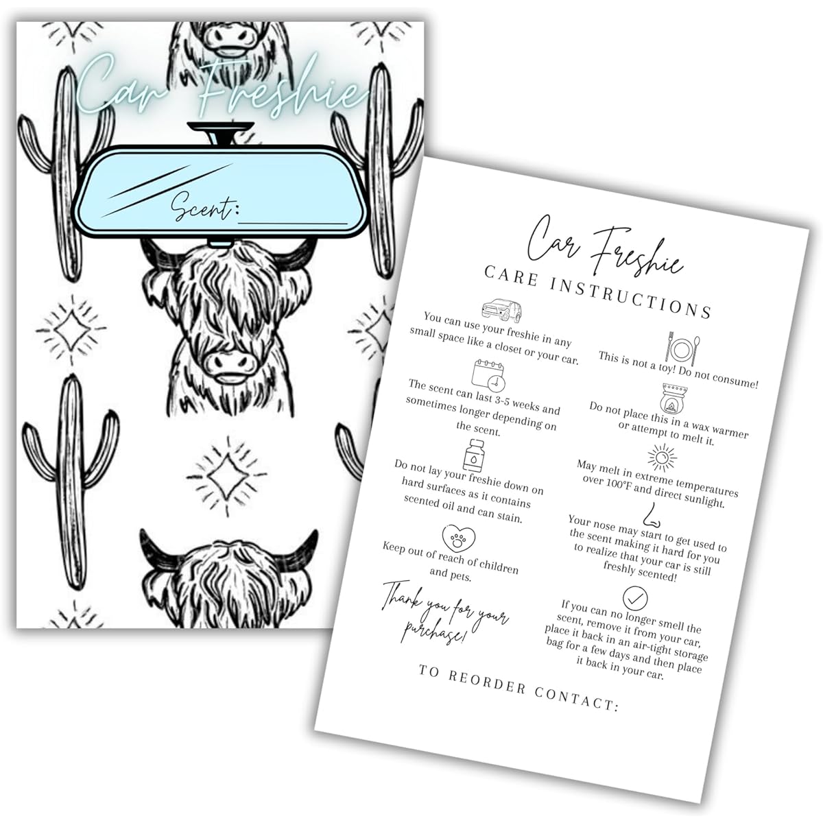Car Freshie Insert Cards | 50 Pack 4x6" Western Cactus Highland Cow 5x7" Holographic Bags Fresh Scent Labels Care Instructions Card Stock