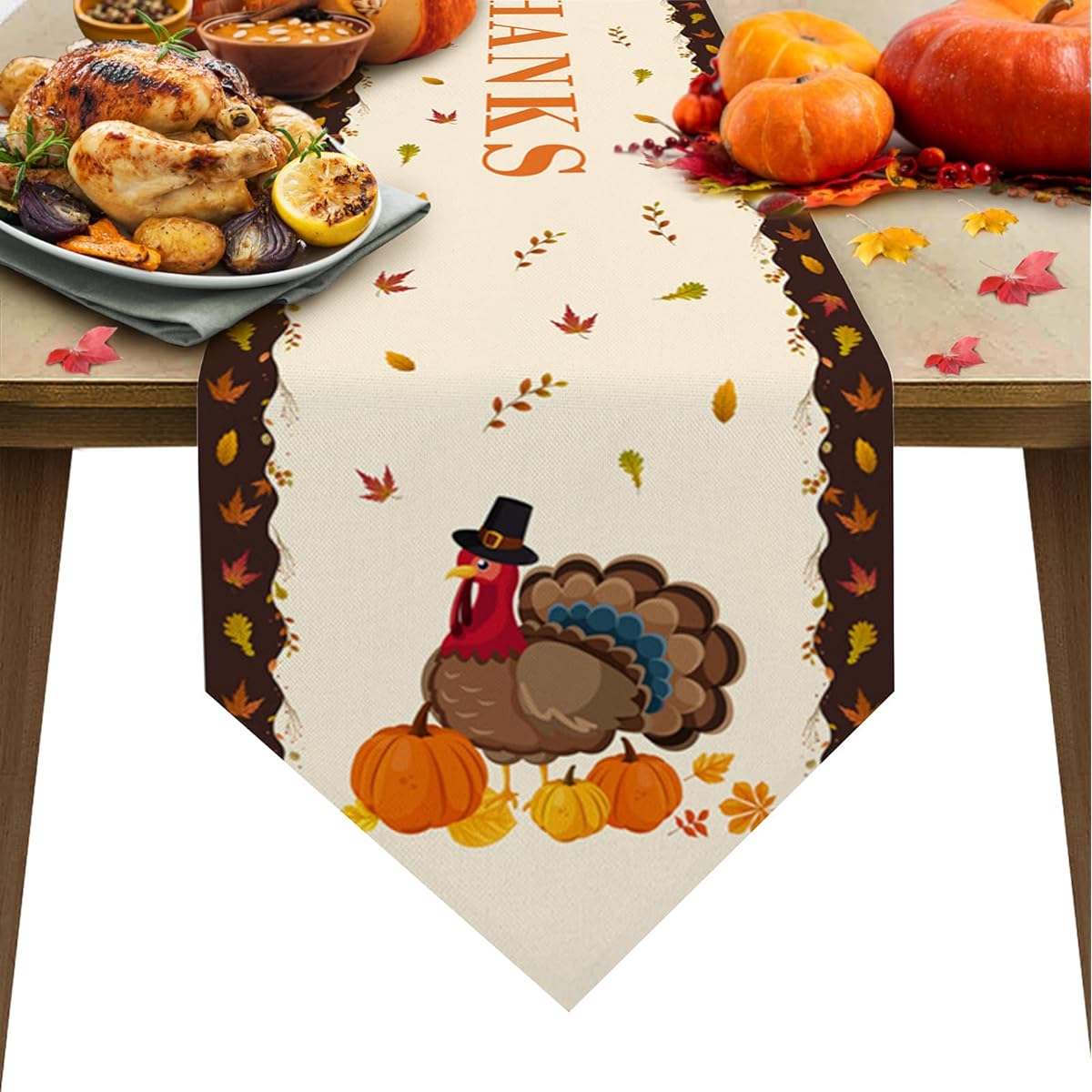 Thanksgiving Table Runner 120" Long Turkey Pumpkin Maple Leaf Non-Slip Washable Burlap Table Linen for Family Dinner/Outdoor/Indoor Parties, Weddings, Gatherings Table Decorations