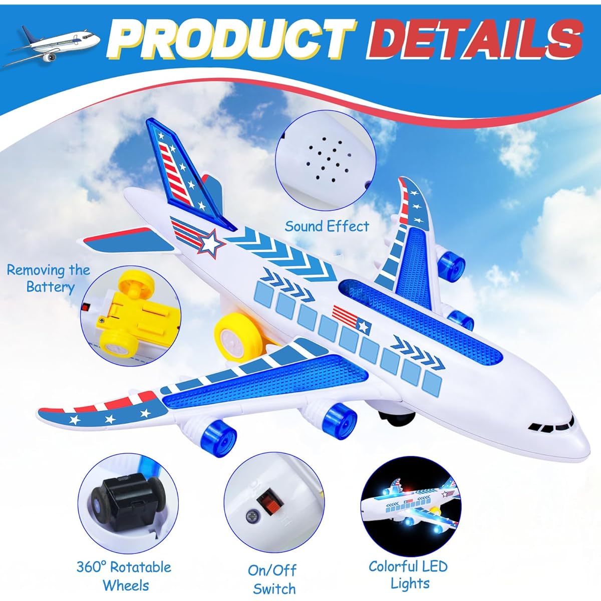 Airplane Toys for Toddlers Boys Kids 4-7 Play Plane Airplane Toy Musical Plane with Flashing Lights and Sounds Bump and Go Battery Powered Airbus A380 Plane for Kids 3-12 Years Gift