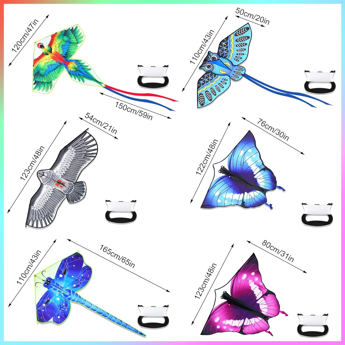 Leitee 6 Pack Large Kite for Kids and Adults, Butterfly Kite for Kids Age 4-8-12, Dragonfly Owl Parrot Eagle Goldfish Kids Kites Easy to Fly Kite Games Beach Outdoor Activity Gifts (Cool Style)
