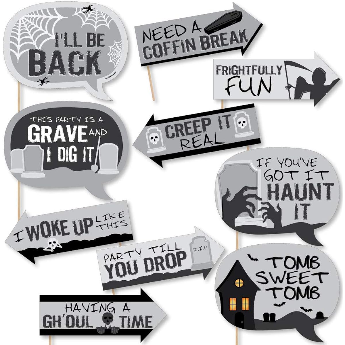 Funny Graveyard Tombstones - Halloween Party Photo Booth Props Kit - 10 Pieces