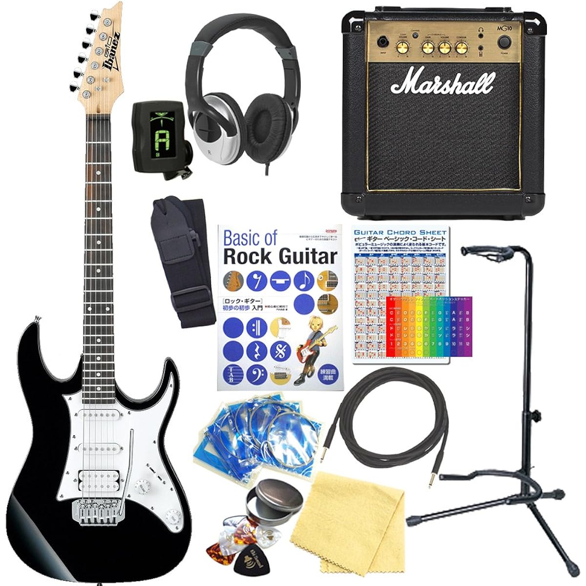 Ibanez GRX40 BKN Electric Guitar with Marshall Amplifier, Beginner's 15-piece Set