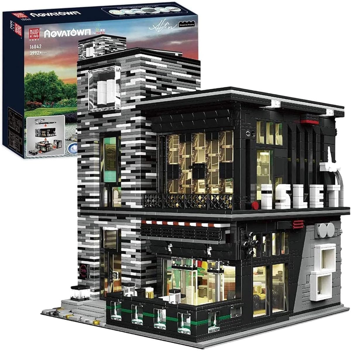 Mold King 16042 City Street View Creative Set Building Blocks House, 3992 Pieces Modular Bar Model Kit with Lights, Building Model Compatible with Lego, 26*28*30cm