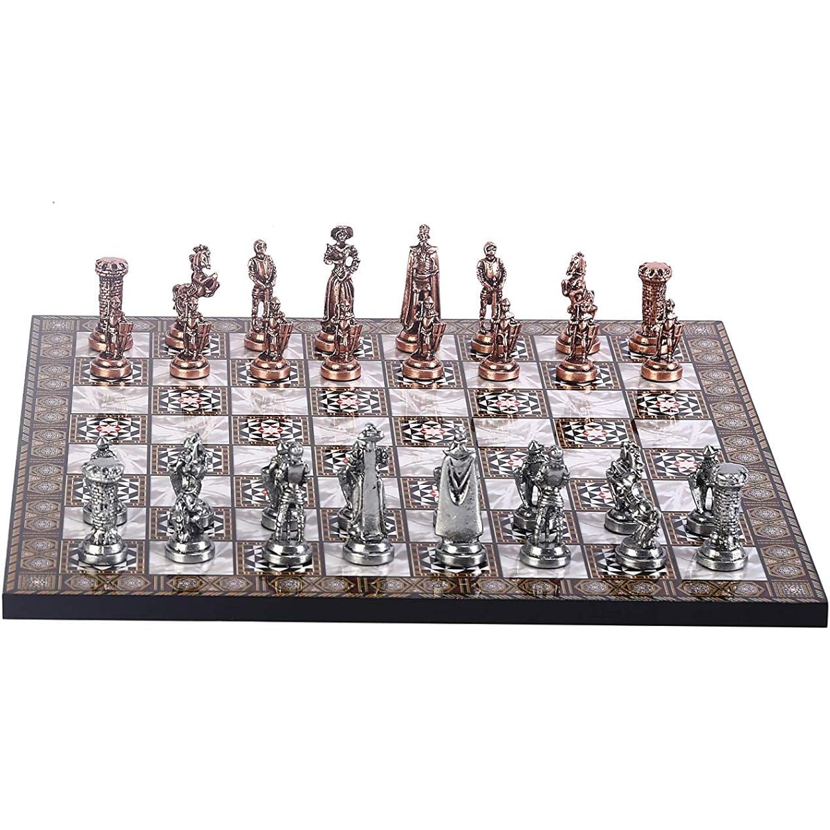 Medieval British Army Antique Copper Metal Chess Set for Adults, Handmade Pieces, Mosaic Design, Wooden Chess Board, King, 2.75"