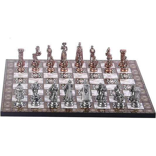 Medieval British Army Antique Copper Metal Chess Set for Adults, Handmade Pieces, Mosaic Design, Wooden Chess Board, King, 2.75"