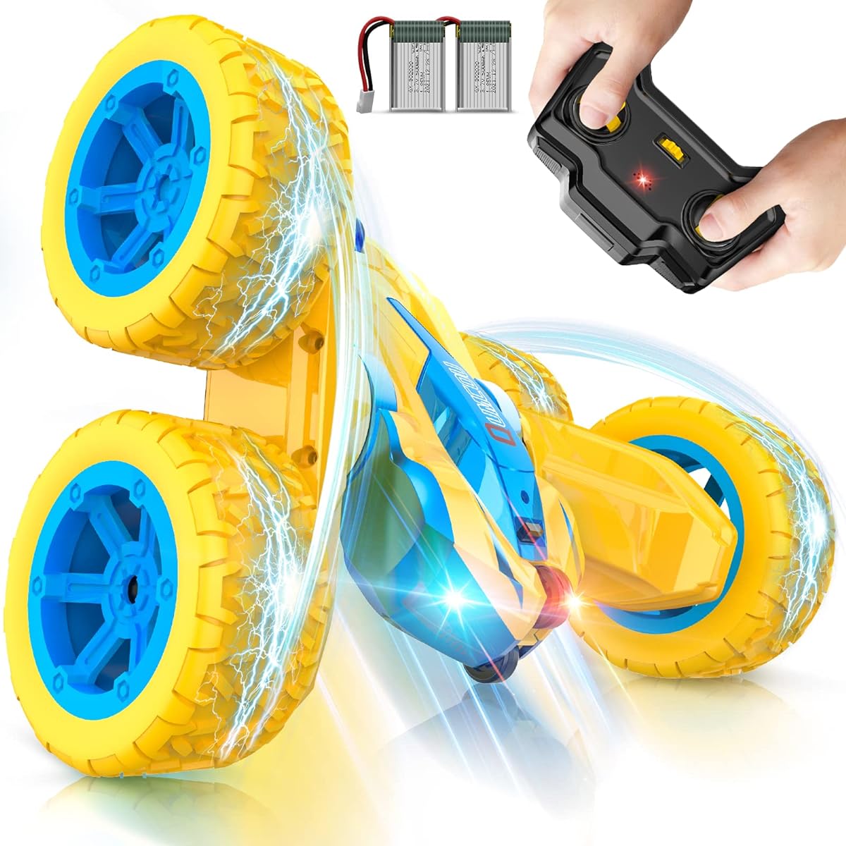 Qumcou Remote Control Car, Radio Controlled Car, Stunt Car for Kids, 2.4Ghz High Speed, Double Sided, 360° Rotation, Toy Car with Cool Headlights, for Boys and Girls, Ages 6-12 (Yellow)