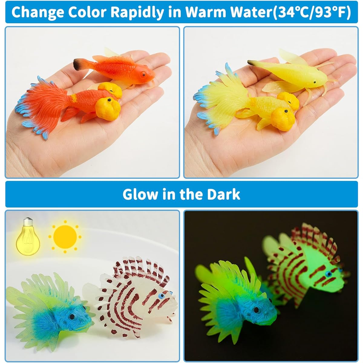 RabvPerce 16 Pack Color Changing Sea Animals Bath Toys No Holes Stretchy Simulation Ocean Tropical Fish Change Color with Warm Water Glow in the Dark for Kids Toddlers Bathtub Pool Party Birthday Gift