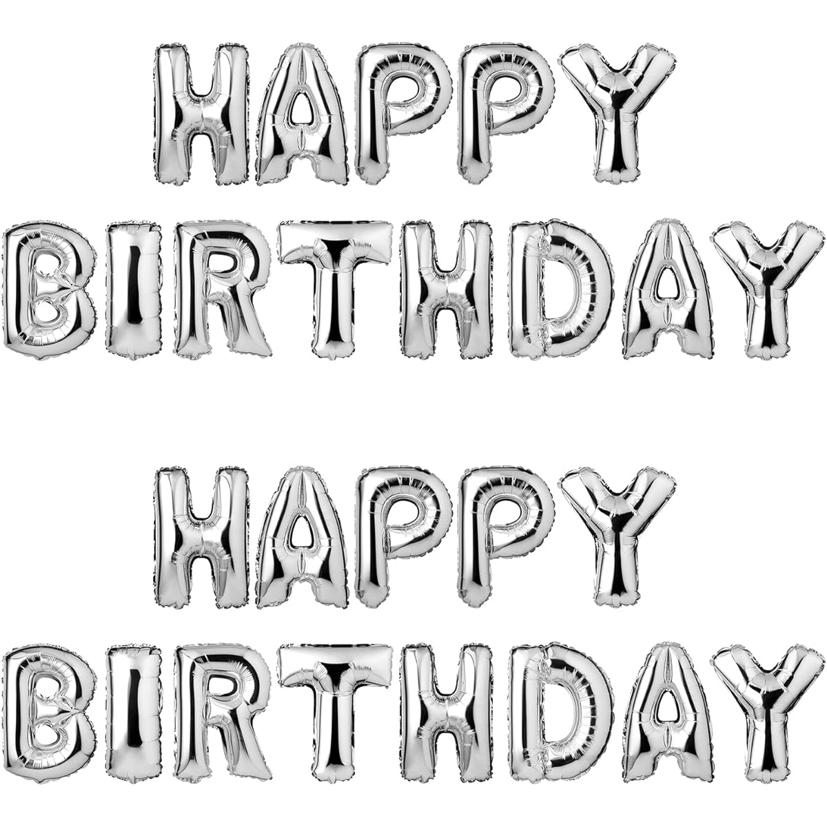 Happy Birthday Balloon Banner 2 Pack 3D Lettering Mylar Foil Letters Inflatable Party Decoration Event Decor for Kids and Adults Reusable Eco Friendly Fun (Silver)
