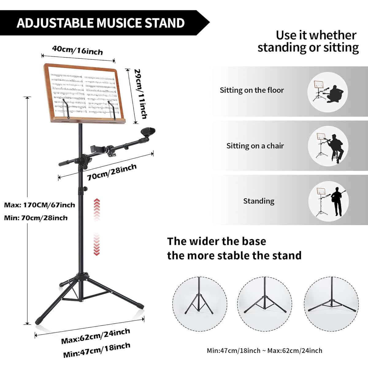 Shikha Music Stand with Mobile Phone Holder and Microphone Holder Brown Wooden Book Plate 3 in 1 Multipurpose Folding Sheet Music Stand & Desktop Book Stand Portable Adjustable Heavy Duty with Clip Holder