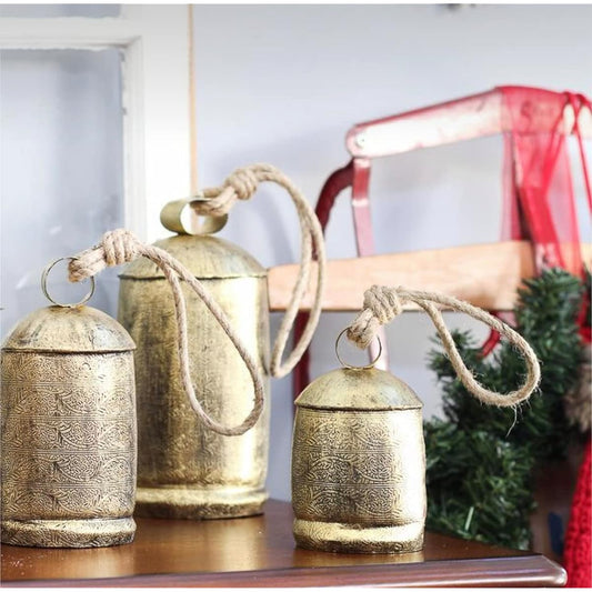 Vintage Rustic Lucky Tin Metal Cow Bells Handmade Set of 3 Giant Harmony Cow Bells Large Bells on a Rope Christmas Decorations 3" 4" 5" Bells Halloween Decorations Costumes