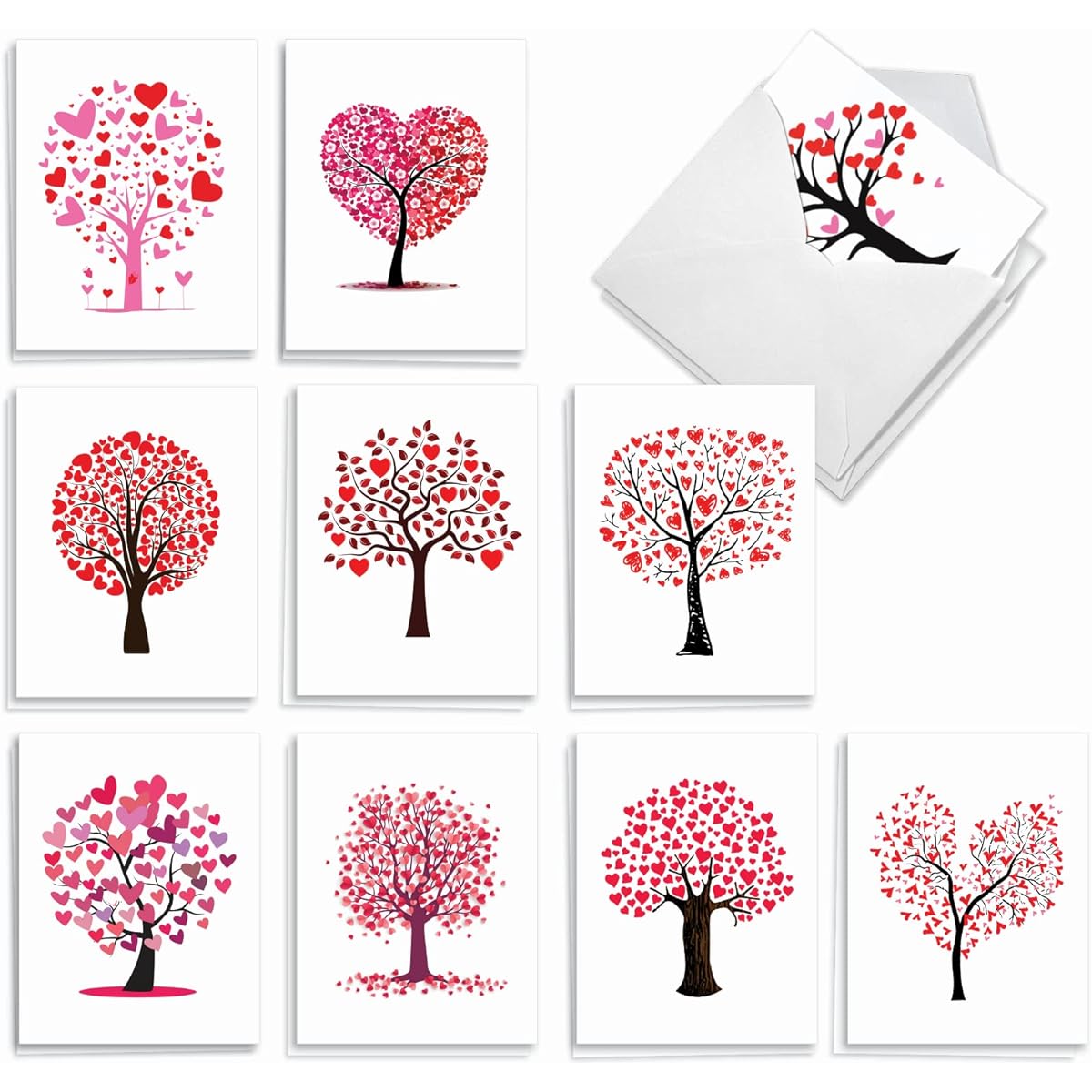 The Best Card Company Love Trees - 20 Assorted Boxed All Occasion Note Cards with Envelopes (4 x 5.12 inches) - Branch Bearing Hearts AM3185OCB-B2x10