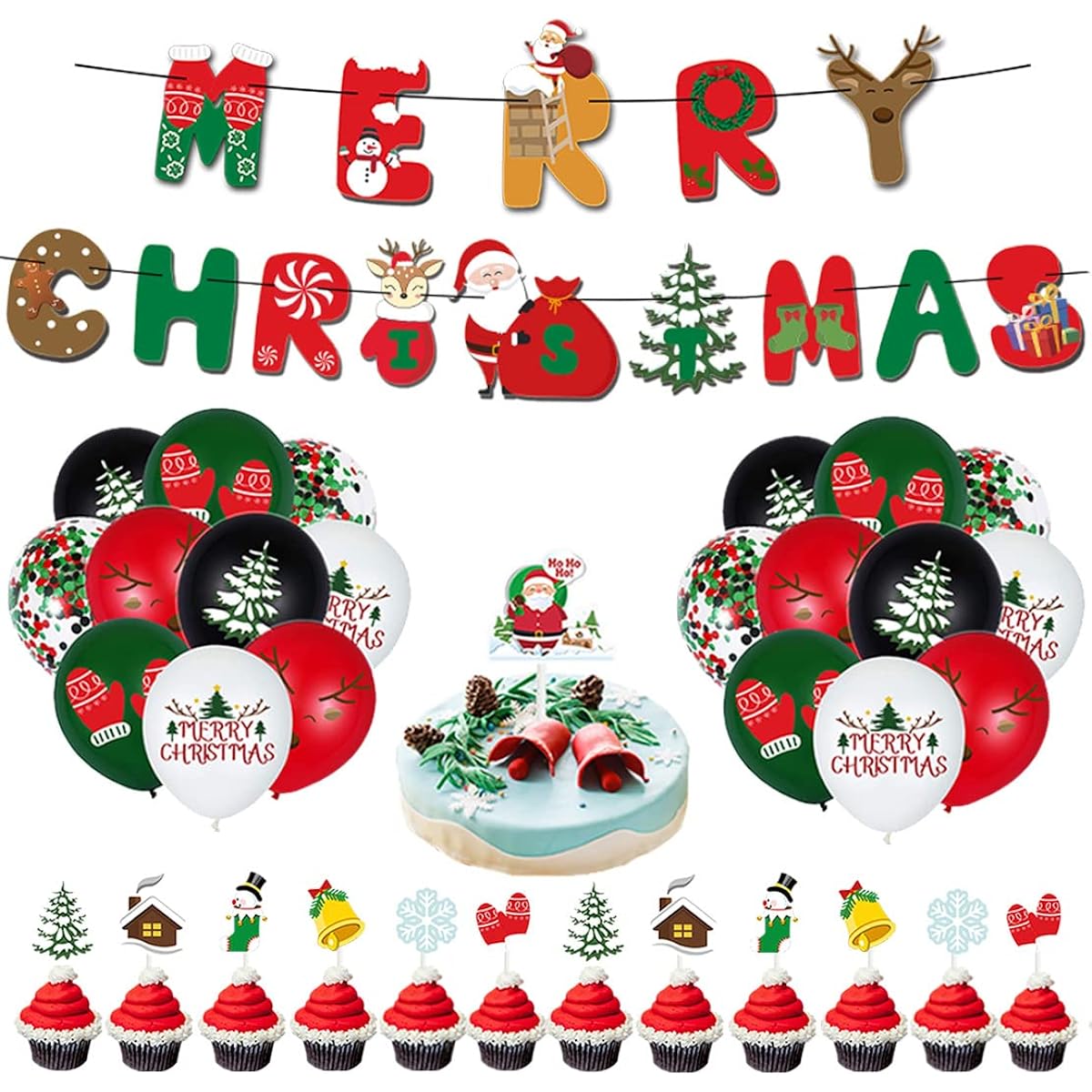Christmas Birthday Party Supplies Decorations 52pcs Christmas Party Decorations Party Favors for Indoor Outdoor Kids Merry Christmas Banner Latex Balloons Birthday Cake Toppers Cupcake Toppers