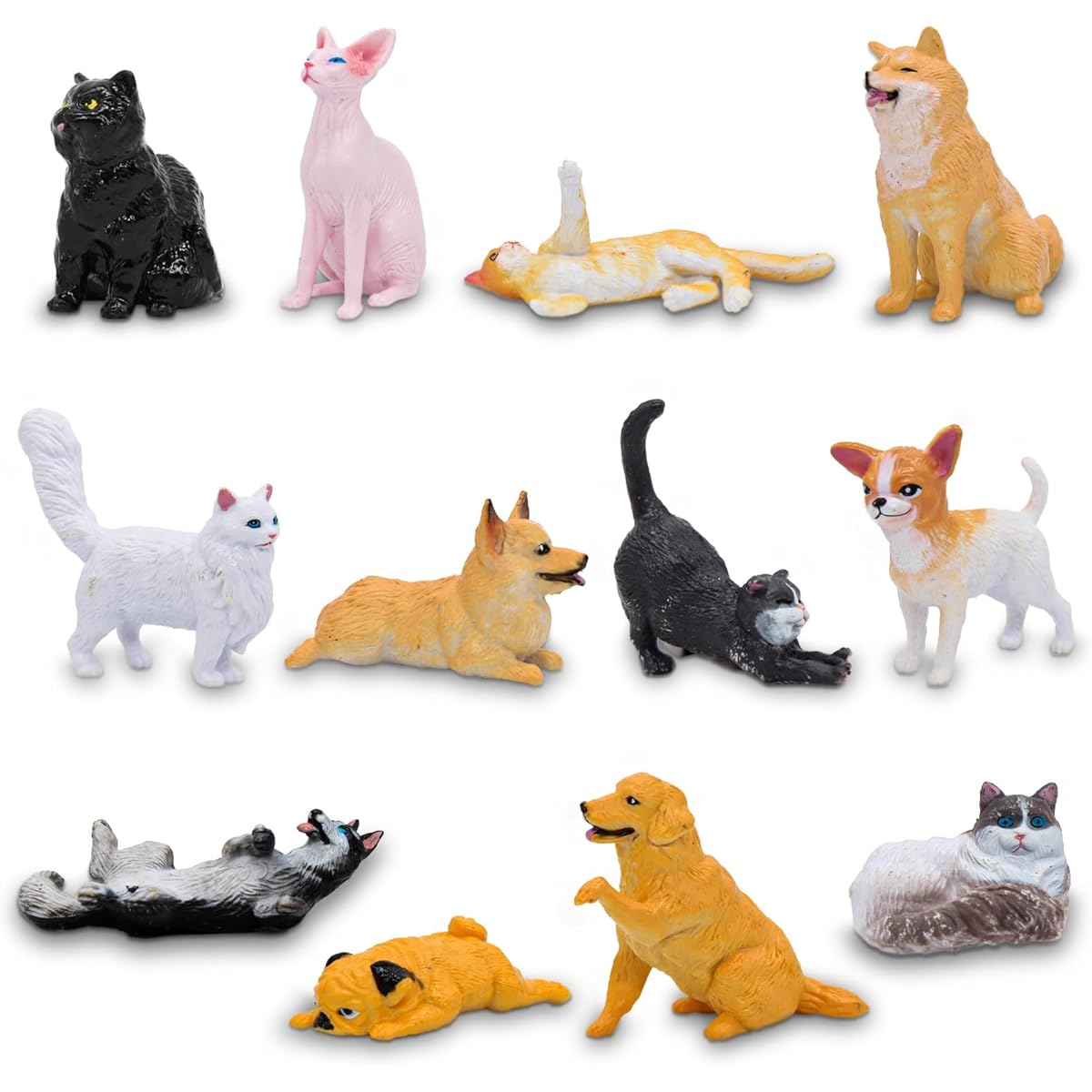 iftnotea 12 Pieces Small Dog and Cat Figurines for Kids - Puppy Toy Figures with Golden Retriever Husky Collie Pug Shorthair Cat - Cake Topper Christmas/Birthday Gifts for Toddlers