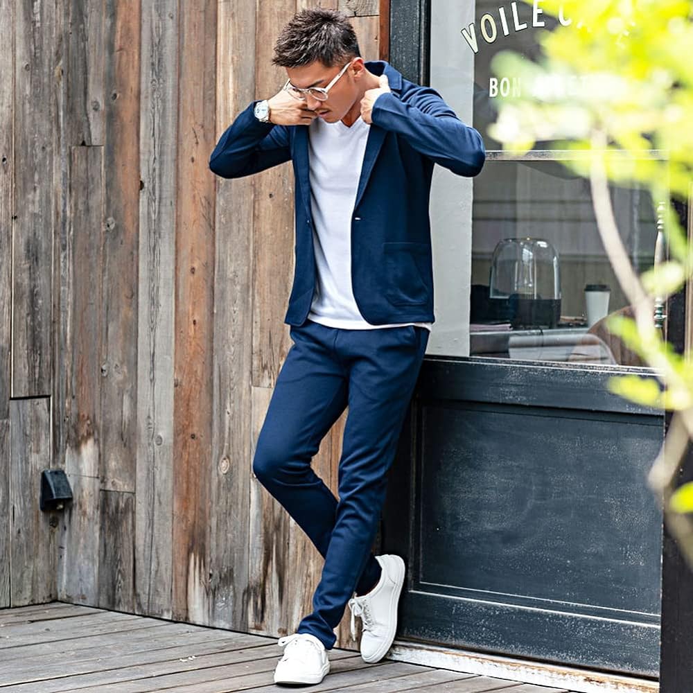 (Bitch) VICCI Men's Unisex Setup Cut Tailored Jacket Long Pants Stretch Top and Bottom Plain VIJP18-16
