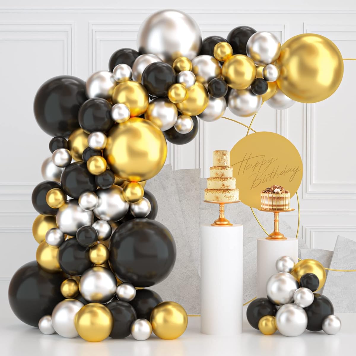 Black Gold and Silver Balloon Garland Arch Kit, 112pcs Metallic Gold Silver Matte Black Balloons for Birthday Wedding Graduation Party Decorations