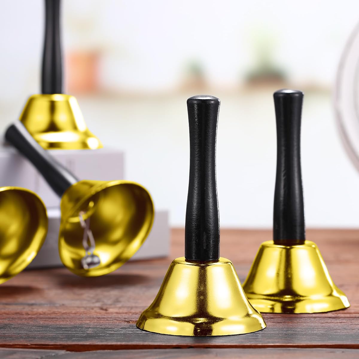 Fumete 100pcs Metal Handbell Silver and Gold Steel Christmas Dinner Service Handbell with Wooden Handle Musical Percussion for Sick Elderly Alert (Gold)