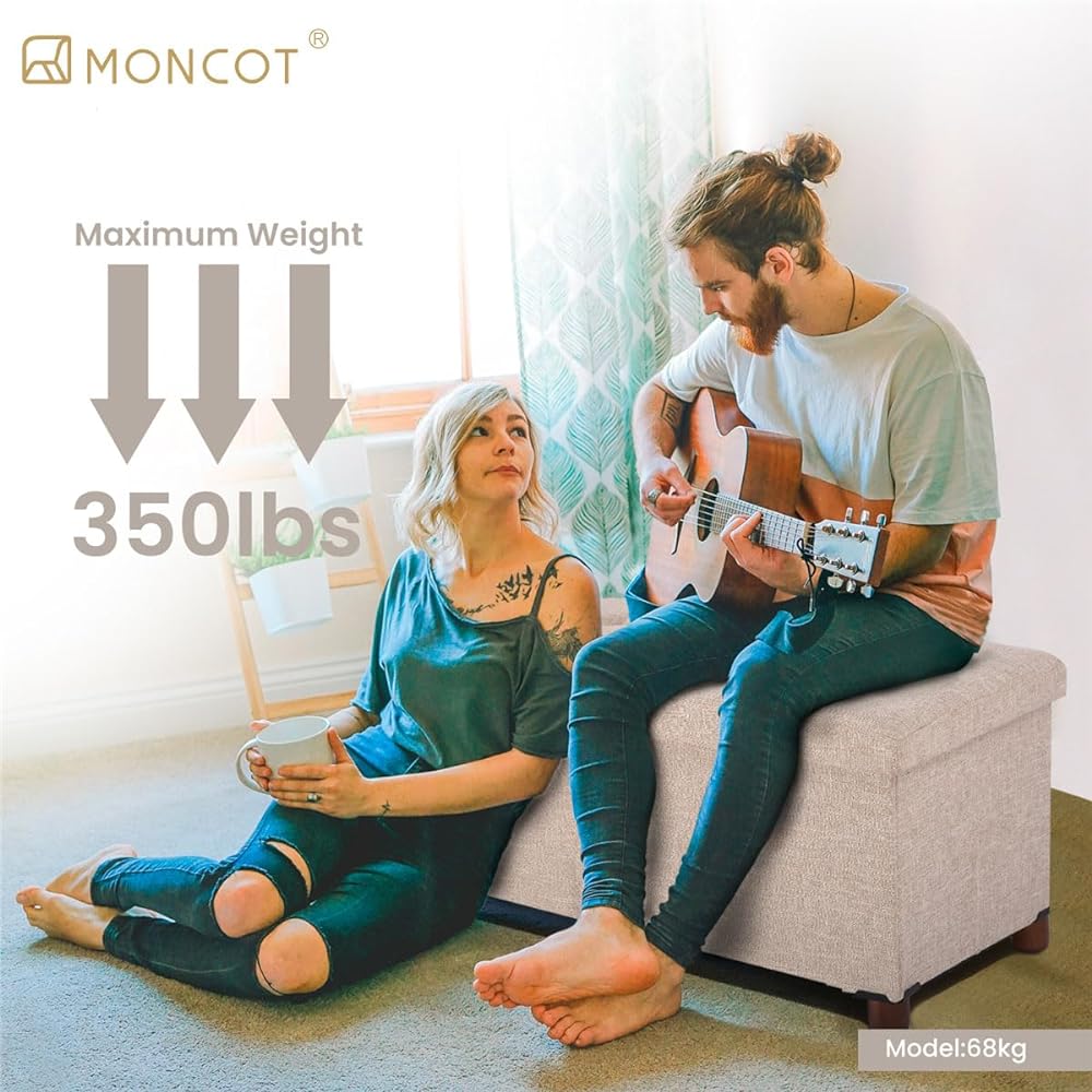 MONCOT Storage Stool Footstool Ottoman with Legs Foldable Storage Chair Box Stool Footrest Step Stool Sturdy Load Capacity 140kg Width 76 x Depth 38 x Height 38cm BB202-BE (M-BEIGE)