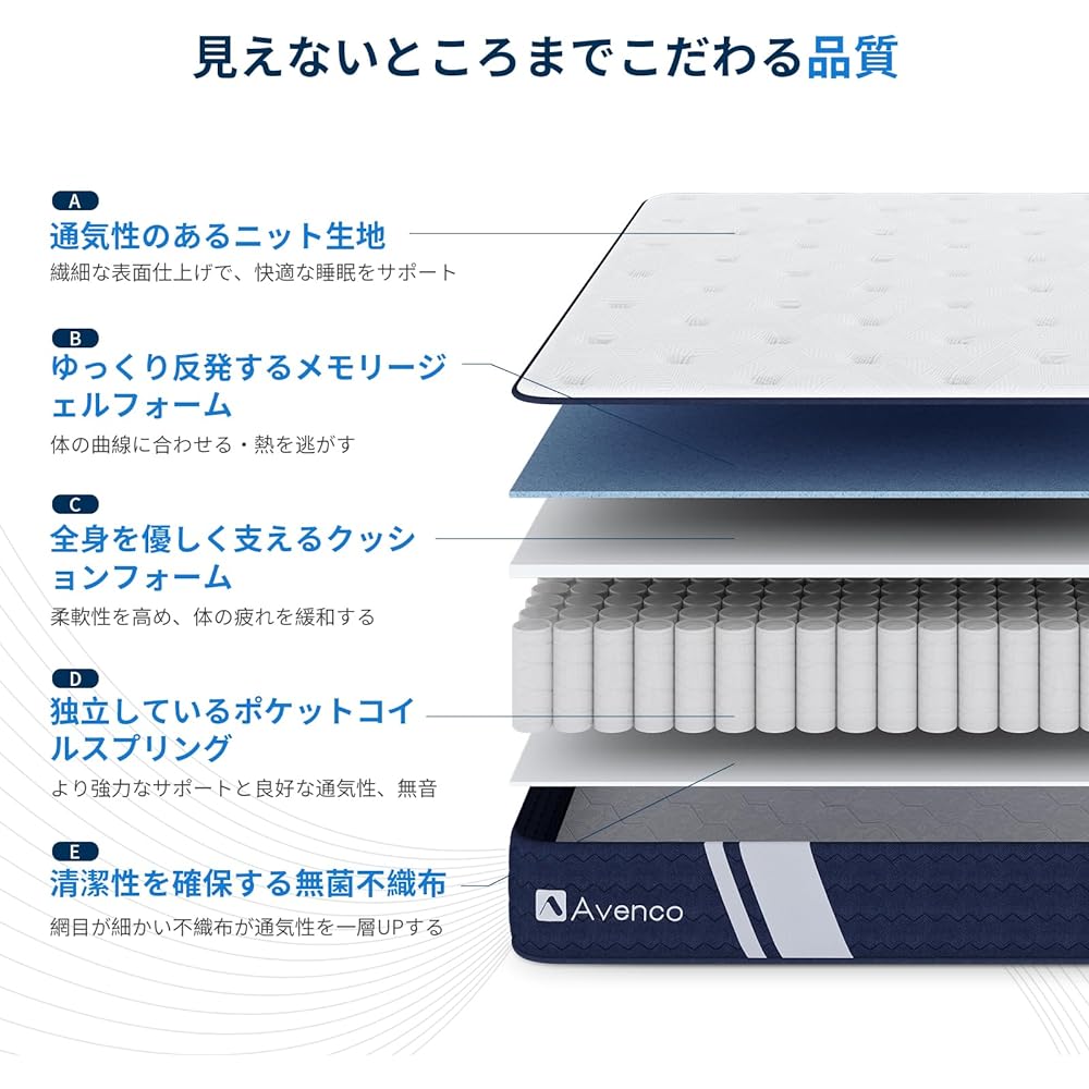 Avenco Mattress Semi-double Thickness 20cm Hard Pocket Coil Mattress High Repulsion 522 Coils Wire Width 2.2mm Gel Memory Foam Semi-double Mattress Body Pressure Dispersion Highly Breathable Bed Mattress Parallel Layout Spring Mattress Quiet Vibration Ab