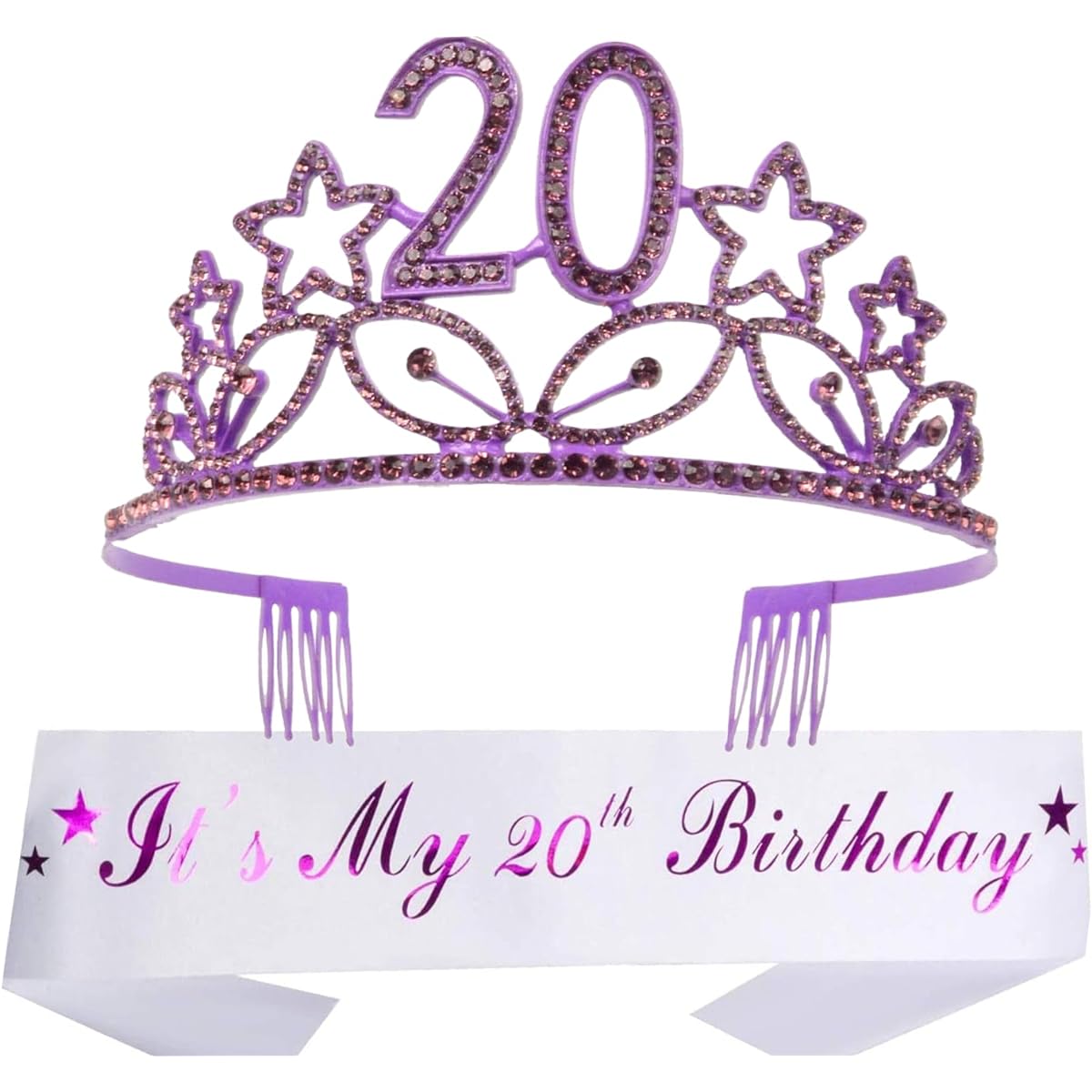 MEANT2TOBE 20th Birthday Sash and Tiara for Women - Fabulous Set: Glitter Sash + Star Rhinestone Purple Premium Metal Tiara for Women 20th Birthday Party 20th Birthday Gift