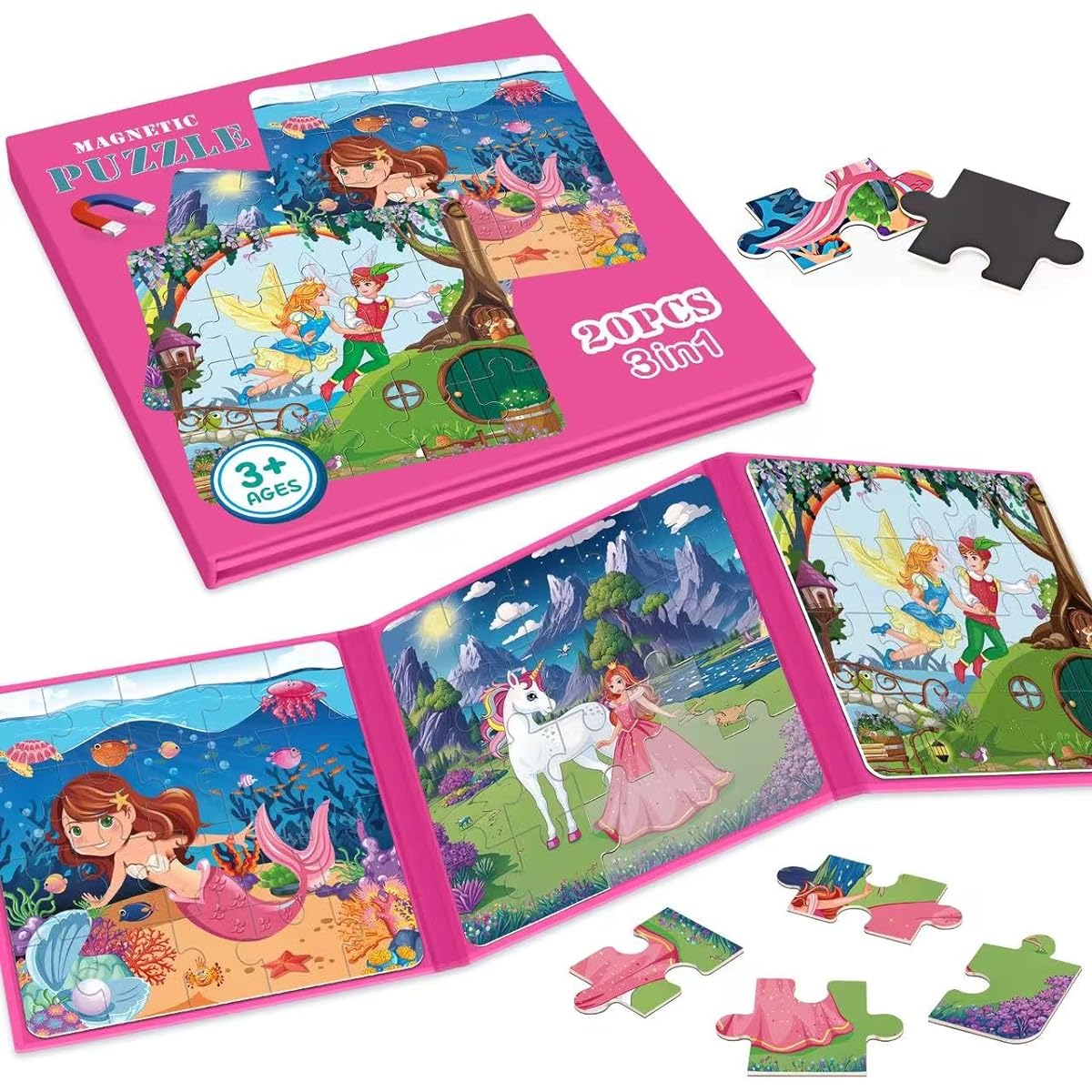 Magnetic Jigsaw Puzzles for Kids Ages 3-5 3-5 Years Old 3-20 Pieces Portable Puzzle Toys Princess Unicorn Mermaid Gifts for Girls - Travel Toys and Games for Kids, Kids in Cars and Planes