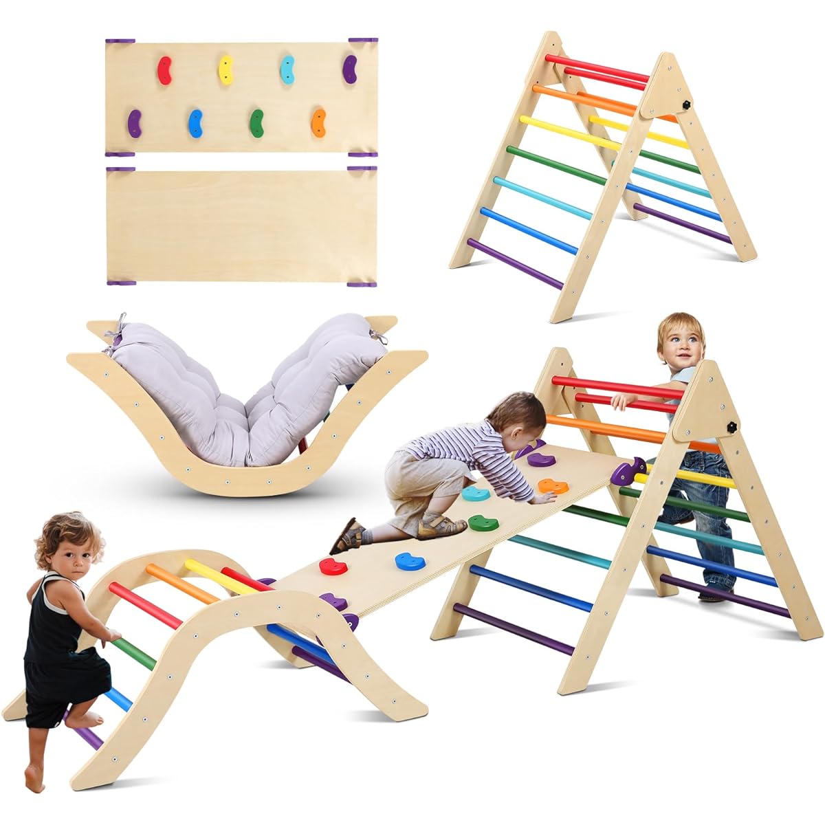 Foldable 3-in-1 Pickler Triangle Set Indoor Wooden Montessori Climbing Toys for 1-3 Years Old Toddler Rainbow Climbing Triangle Set with Slide and Climbing Slope Toddler Indoor Playground
