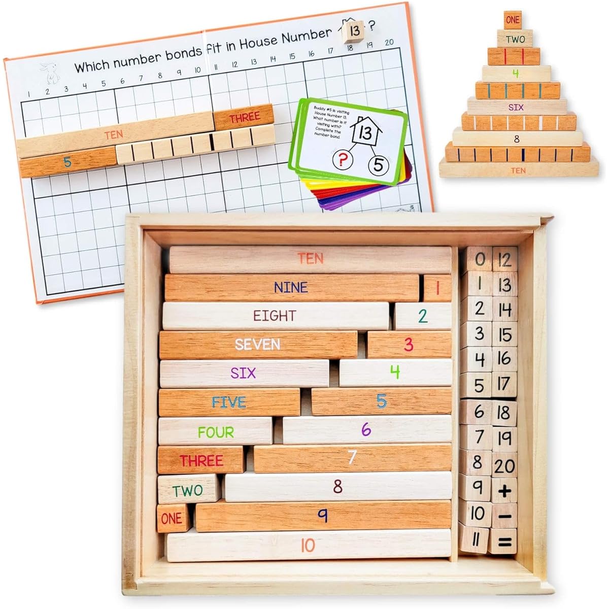 LITTLE BUD KIDS House of Number Buddies Math Games Number Bonds Math Toy with Number Sticks and Addition & Subtraction Flash Cards Montessori Materials for Kids Ages 4-8, 224.E