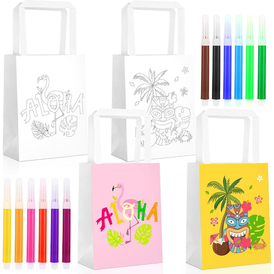16pcs Hawaii Aloha Party Favor Bags with 1 Set of Coloring Markers, Tropical Gift Bags, Hawaiian Goodie Bags for Kids/Adults/Luau Summer/Pool/Picnic/Birthday/DIY Supplies