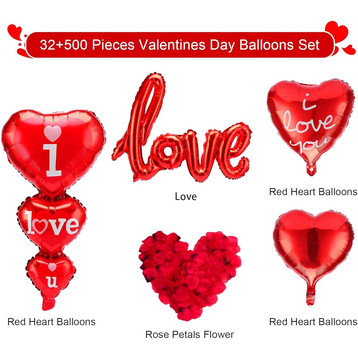 Love Balloons and I Love U Heart Balloons with 84 Red Heart Felt Hanging Garlands and 2000 Dark Red Silk Rose Petals for Valentine's Day Wedding Bridal Shower Party Decorations