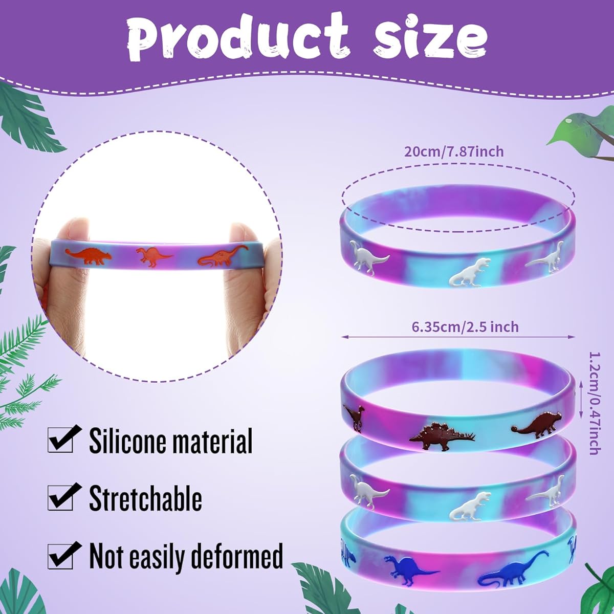 30 Pack Dinosaur Silicone Wristbands Dinosaur Wristband Bracelets Dinosaur Party Favors Bracelets Gift Bag Stuffers Jungle Dinosaur Theme Birthday Party Supplies (Blue Purple)