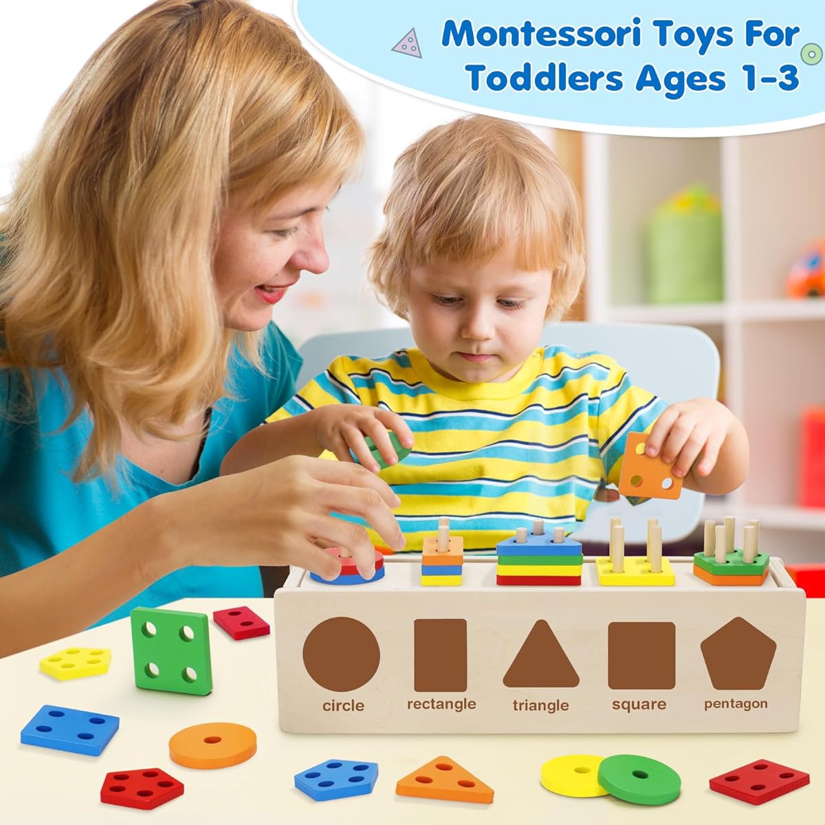 Jumlys Montessori Toys for Toddlers 1 2 3 Years Old Wooden Color & Shape Sewing Matching Box Early Learning Toys 12-18 Months 1-3 Years Old Perfect Christmas/Birthday Gifts for Boys & Girls