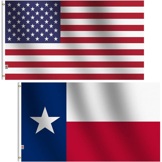 2 Pack Set USA Lone Star Texas Flag & American Flag 3x5 ft Double Sided 100D Polyester Medium-Outdoor & Indoor 3ft x 5ft US Patriotic Flags