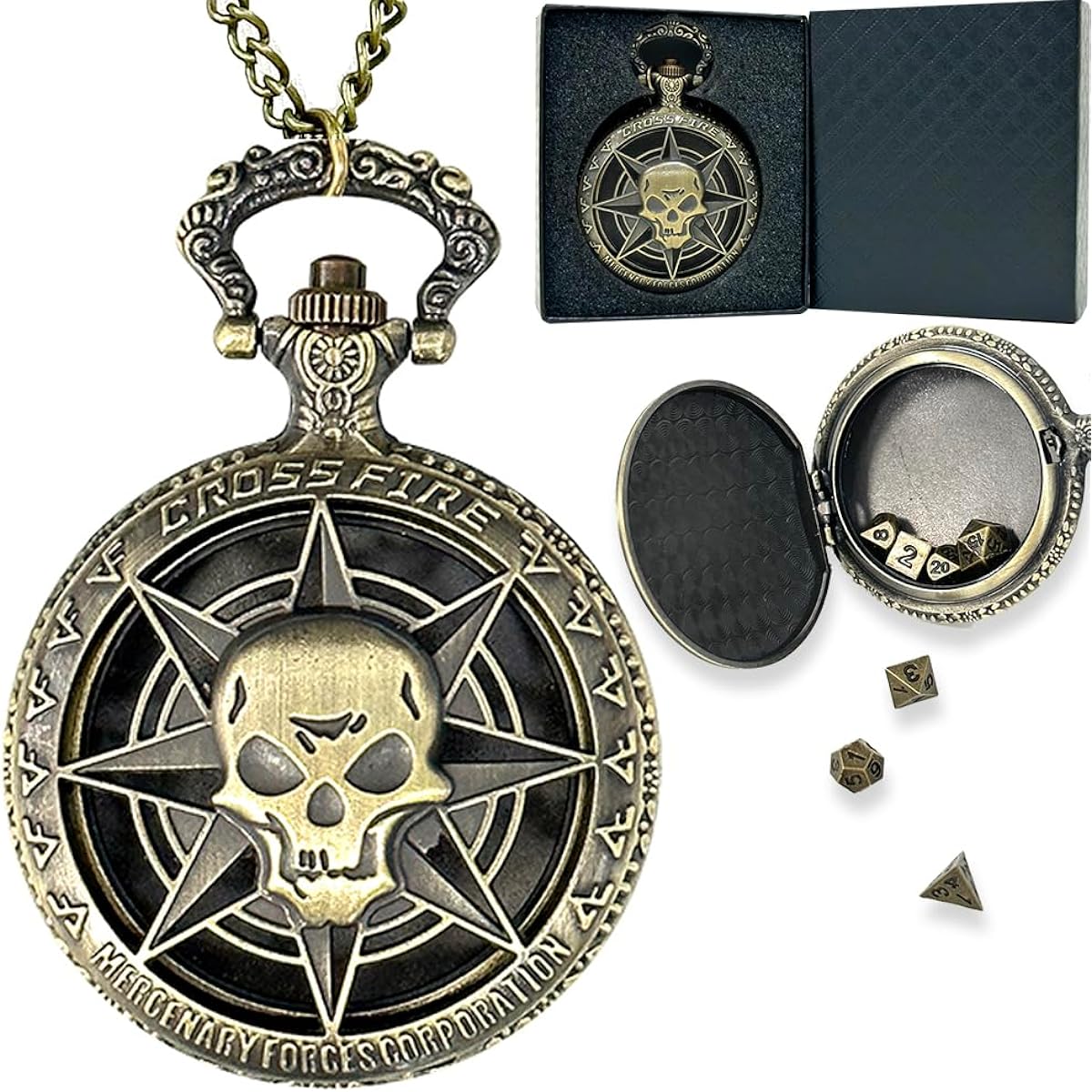 Uomrud Mini Dice Set Metal Dice Pocket Watch Shell Case Necklace Dice Bag Antique Small Metal DND Dice Set Dungeons and Dragons Gift D&D D Dice WX-01