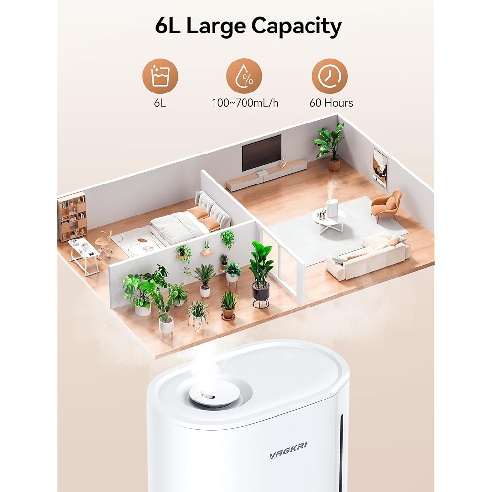[5L Large Capacity & Discharge Bacteria & 28dB Ultra Quiet] Humidifier, Ultrasonic Type, VAGKRI Humidifier, Tabletop, Water Supply from Above, 50H Continuous Operation, LED Light, Timer, Aroma, Dry Prevention, Dry Burning Prevention, 30W Energy Saving