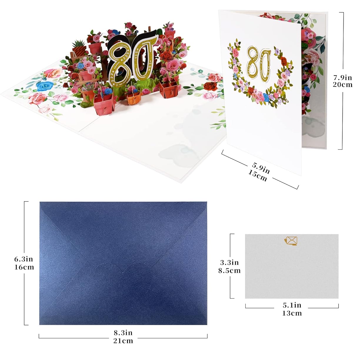 Magic Ants Anniversary Card Birthday Card Wedding Anniversary Card 3D Greeting Card 80th Birthday Card Congratulations Card with Rose Bouquet (80)
