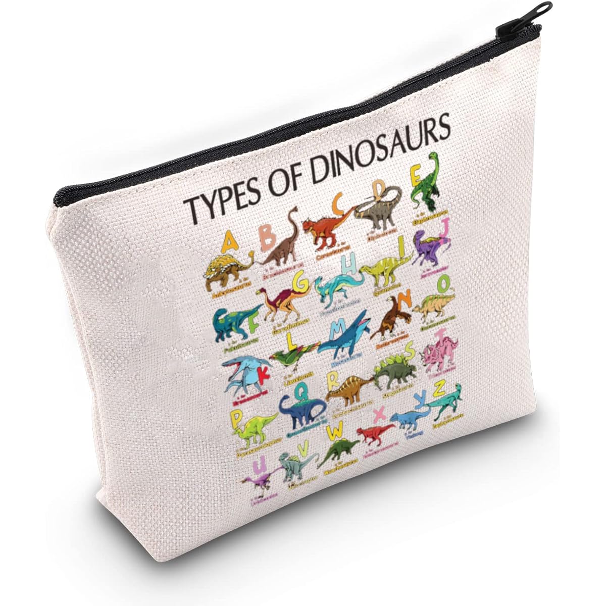 LEVLO Dinosaur Alphabet A-Z Cosmetic Makeup Bag Dinosaur Lover Inspired Gifts Types Dinosaur Makeup Zipper Pouch Bag for Friends Family, Dinosaur Types