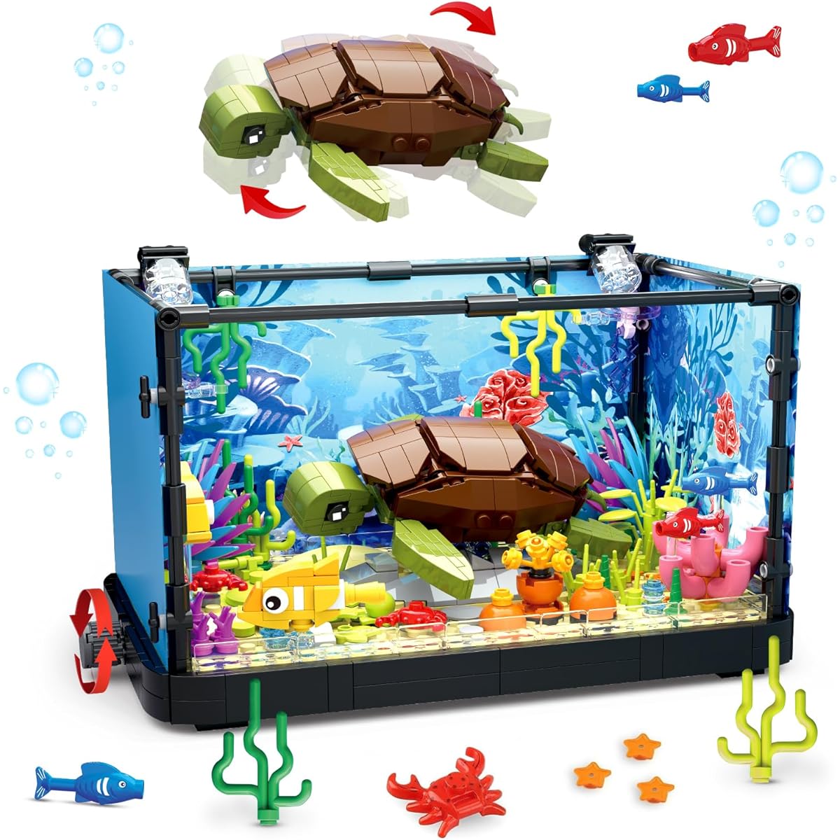 QLT QIAOLETONG Aquarium Turtle Building Blocks Kit with LED Light Creative Sea Animal Model Gift for Kids and Adults(753 Pieces)