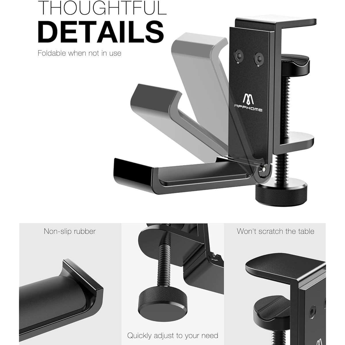 APPHOME Foldable Headphone Stand Hanger Holder Space Saving Aluminum Soundbar Stand Universal Fit for Gaming PC Accessories Under Desk Clamp Hook Mount (Black-2pcs)