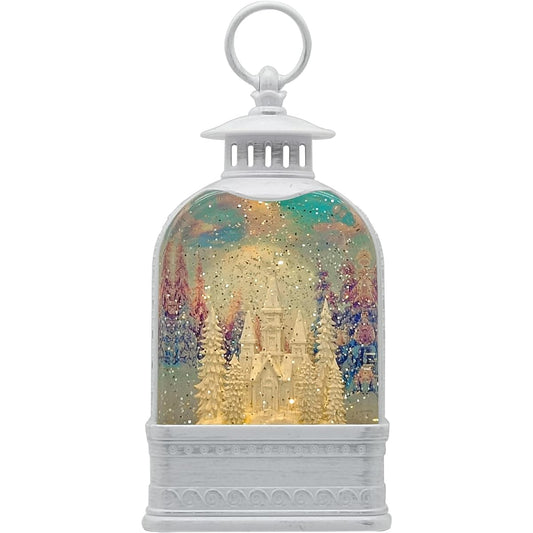 Victory Creative Winter Church Lighted Water Globe Lantern Spinner 9.5" Musical Snow Globe Swirling Glitter Battery Powered Timer & USB