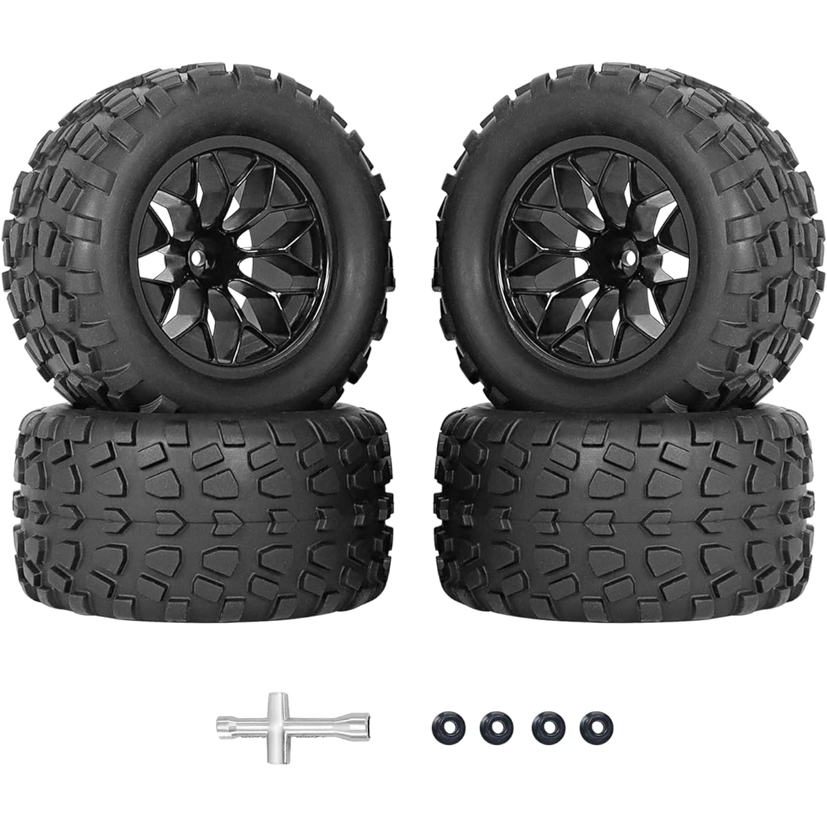 RCMOXETO 4pcs 12mm Hexagon RC Tires and Wheels, 1/10 Scale RC Truck Buggy Tires, Pre-Glued RC Tires and Rims with Foam Inserts for Traxxas Rustler VXL Stampede Redcat Volcano EPX Pro Blackout XTE etc