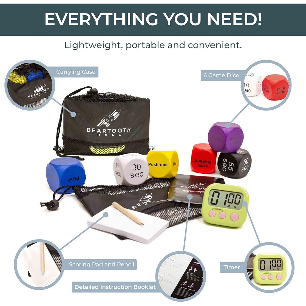 Exercise Dice (6 Pack) - Beartooth Roll Unpredictable Workout Game - 6 Sided Fitness Dice for Gym Strength & Cardio - Yoga Dice with Game Manual, Timer, Scorebook and Mesh Bag - Exercise Equipment