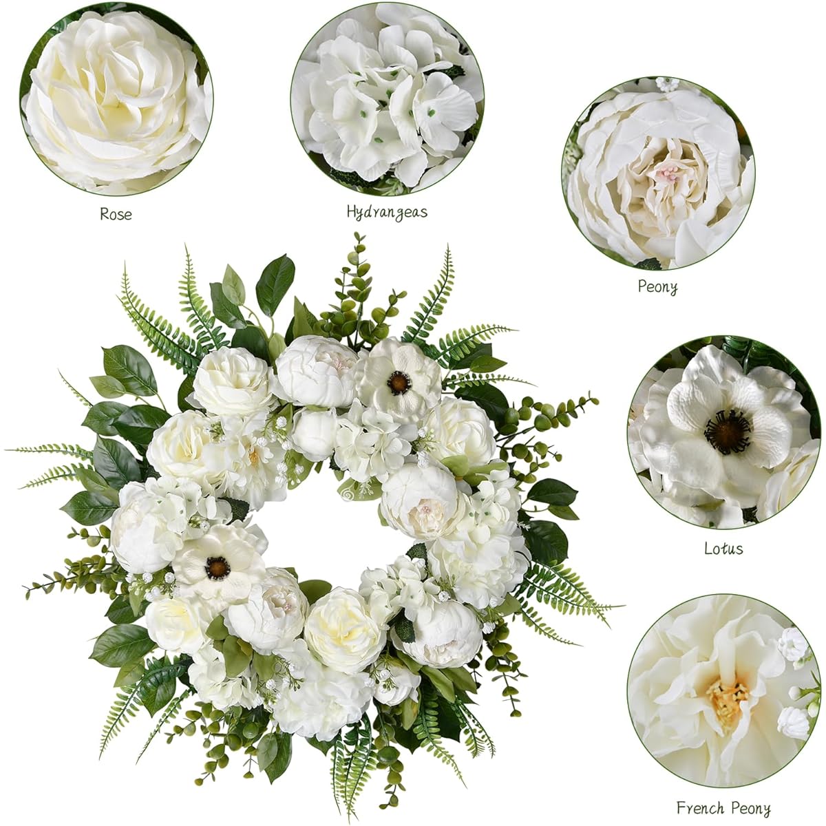 Spring Wreath 20 Inch Front Door Wreath Handmade White Peony Rose Summer Wreath for Outdoor Entrance Door Wall Window Decor