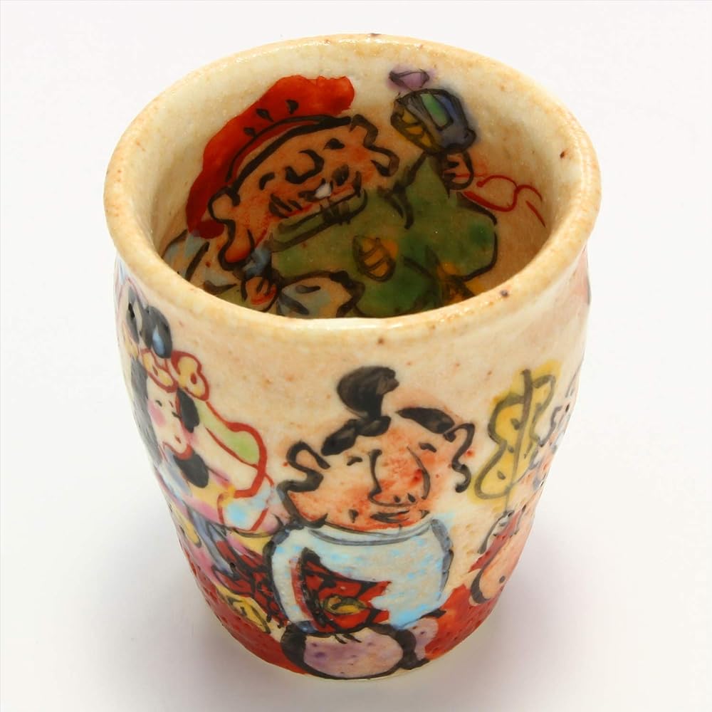 Mino ware Wada hitori sake cup Ochoco Seven Lucky Gods in wooden box 105-0028