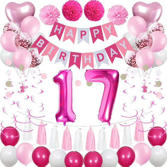 17th Birthday Decorations for Girls Pink and White 17 Happy Birthday Balloons, 17th Birthday Party Supplies for Her Daughter Kids with Pink Happy Birthday Banner Hot Pink Number 17 Foil Balloons