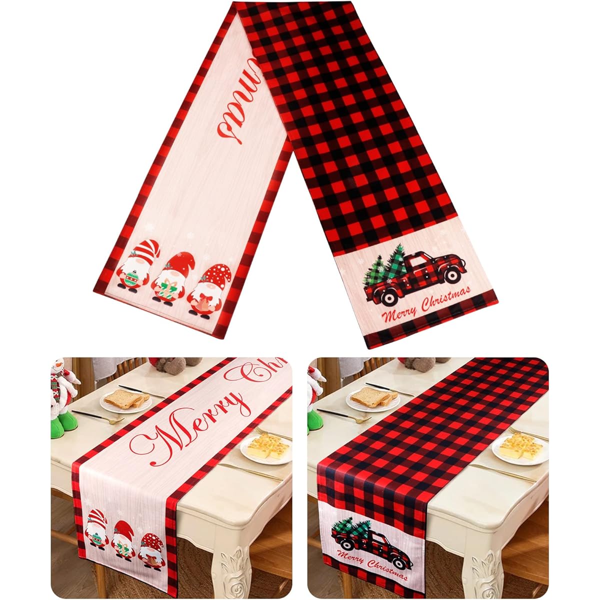 AerWo Christmas Table Runner Red and Black Buffalo Plaid Table Runner with Red Truck and Swedish Gnome, Reversible Buffalo Check Table Runner for Christmas Holiday Table Decorations, 13 x 72 Inch